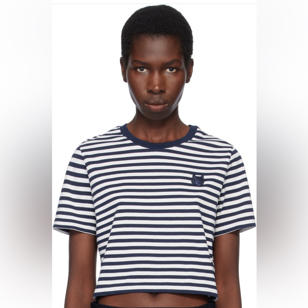 Madison Kitsune Navy & White Bold Fox Head Patch Multi Stripes Baby T-shirt
